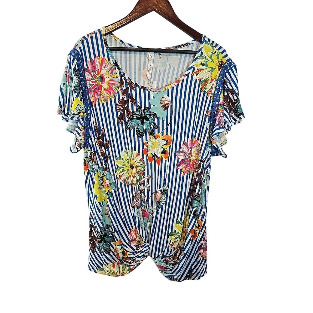 NY Collection colorful floral‎ striped tie front top flutter sleeves Size 2X New